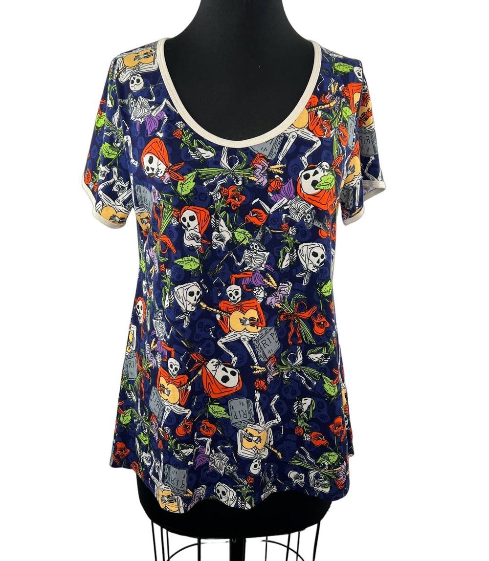 LuLaRoe Blue Multi Skeleton Skull RIP Graphic Scoop Tee Tunic Shirt Halloween M